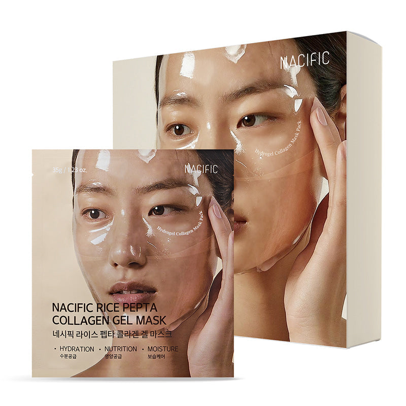 NACIFIC Rice Pepta Collagen Gel Mask set packaging showcasing hydration and moisture benefits for skin rejuvenation.