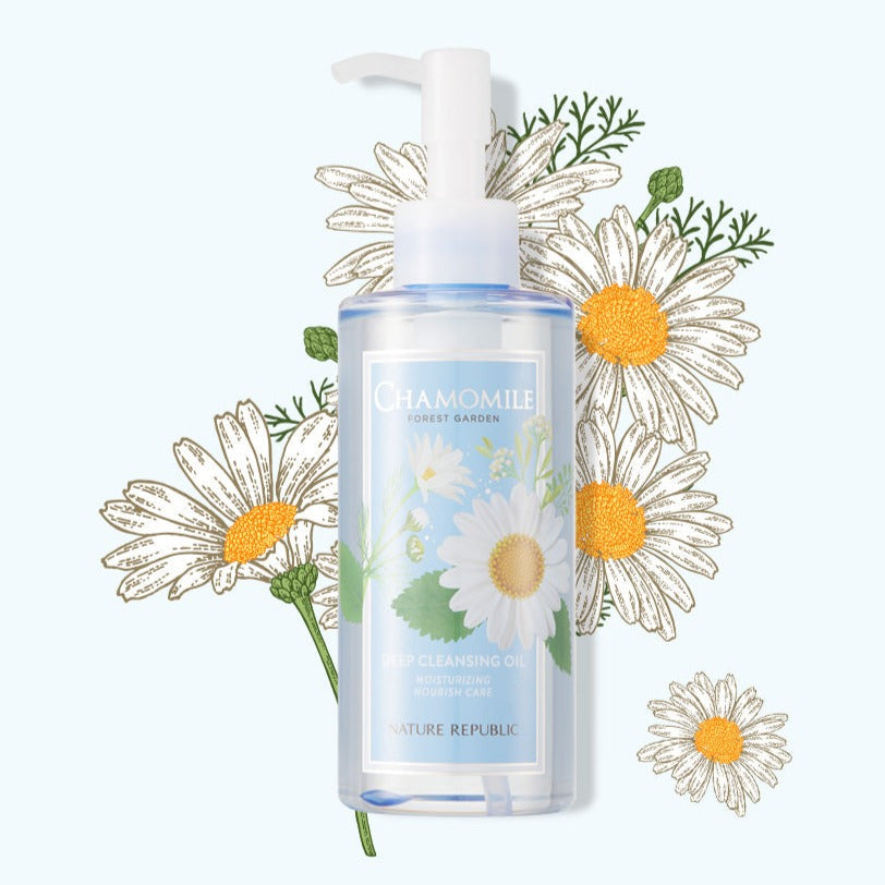 NATURE REPUBLIC Forest Garden Chamomile Cleansing Oil 200ml bottle with chamomile flowers in the background