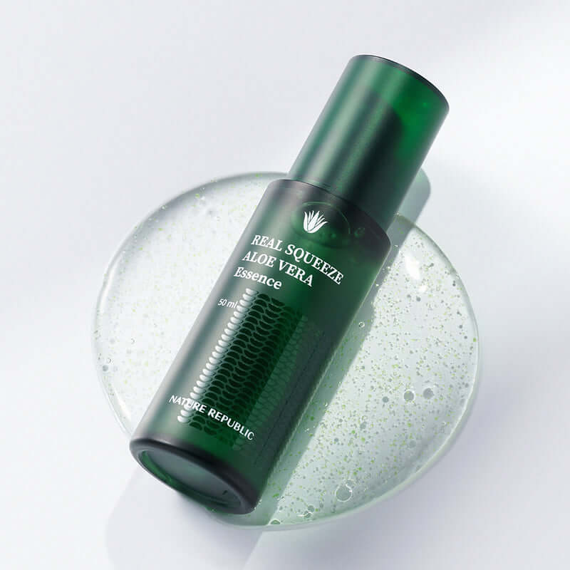 NATURE REPUBLIC Real Squeeze Aloe Vera Essence 50ml bottle on a shiny surface