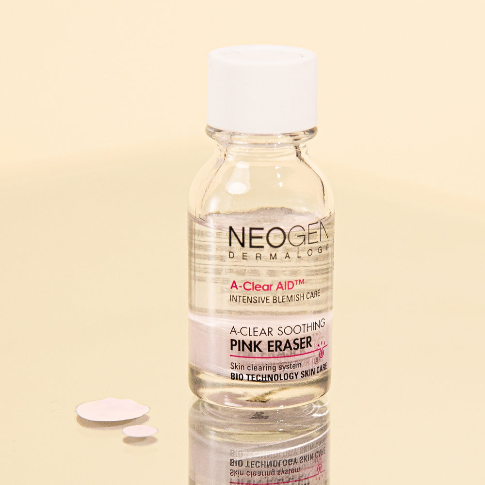 NEOGEN A Clear Soothing Pink Eraser 15ml bottle on display, highlighting its intensive blemish care features for skincare.