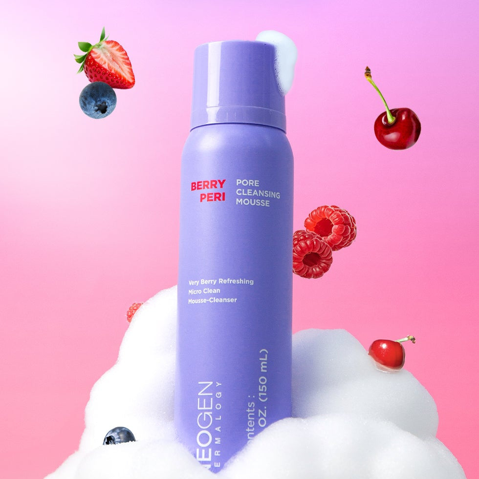 NEOGEN Berry Peri Pore Cleansing Mousse 150ml bottle with berry and foam background