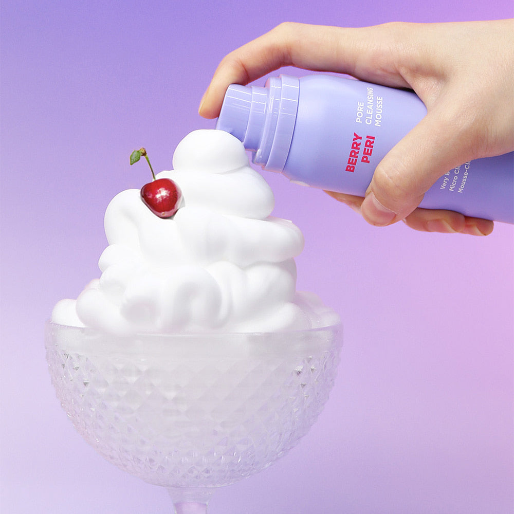 NEOGEN Berry Peri Pore Cleansing Mousse 150ml in action with foamy texture, lavender background, and decorative cherry