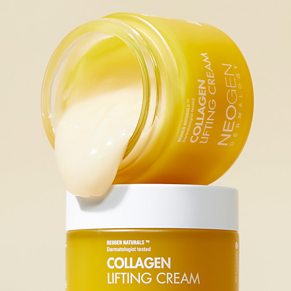 Open jar of NEOGEN Collagen Lifting Cream 70ml with cream flowing out