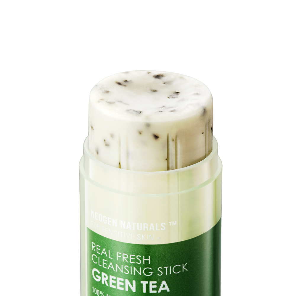 Close-up of NEOGEN Real Fresh Cleansing Stick Green Tea 80g with visible green tea leaves