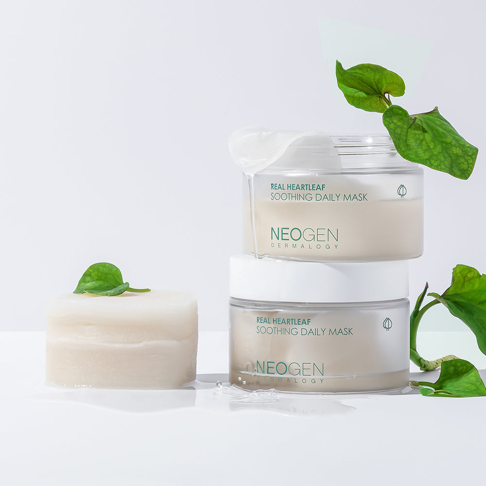 NEOGEN Real Heartleaf Soothing Daily Mask 40 Sheets shown with natural leaf accents on a clean white background.