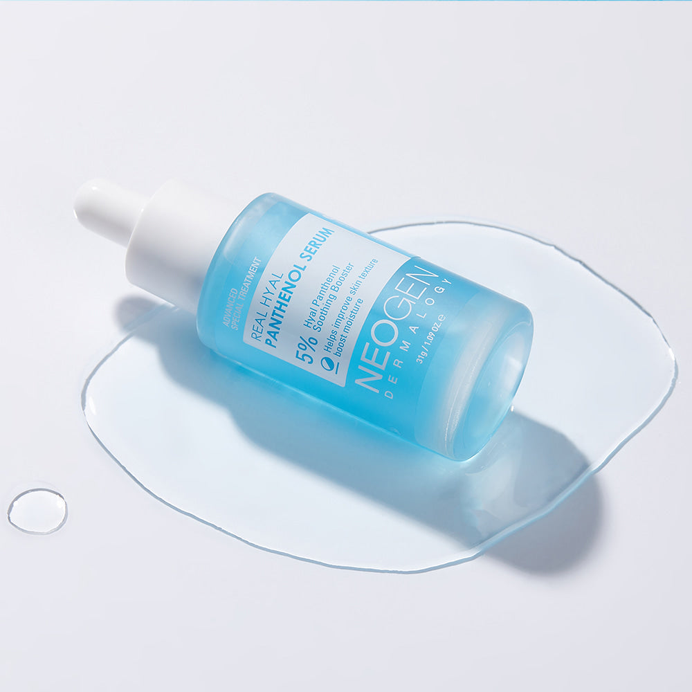 NEOGEN Real Hya Panthenol Serum 30ml bottle on white surface with liquid