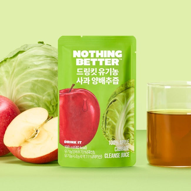 NOTHING BETTER Drinkit Organic Applr Cabbage Juice 100ml 24 Packets with apples and cabbage background