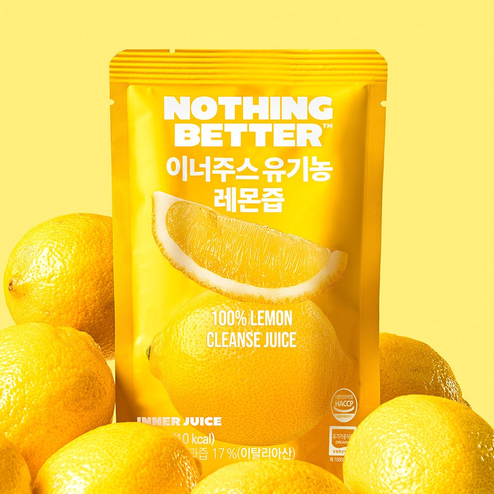 NOTHING BETTER Inner Juice 100% Lemon Cleanse Juice 100ml (X24) package with fresh lemons on a vibrant yellow background