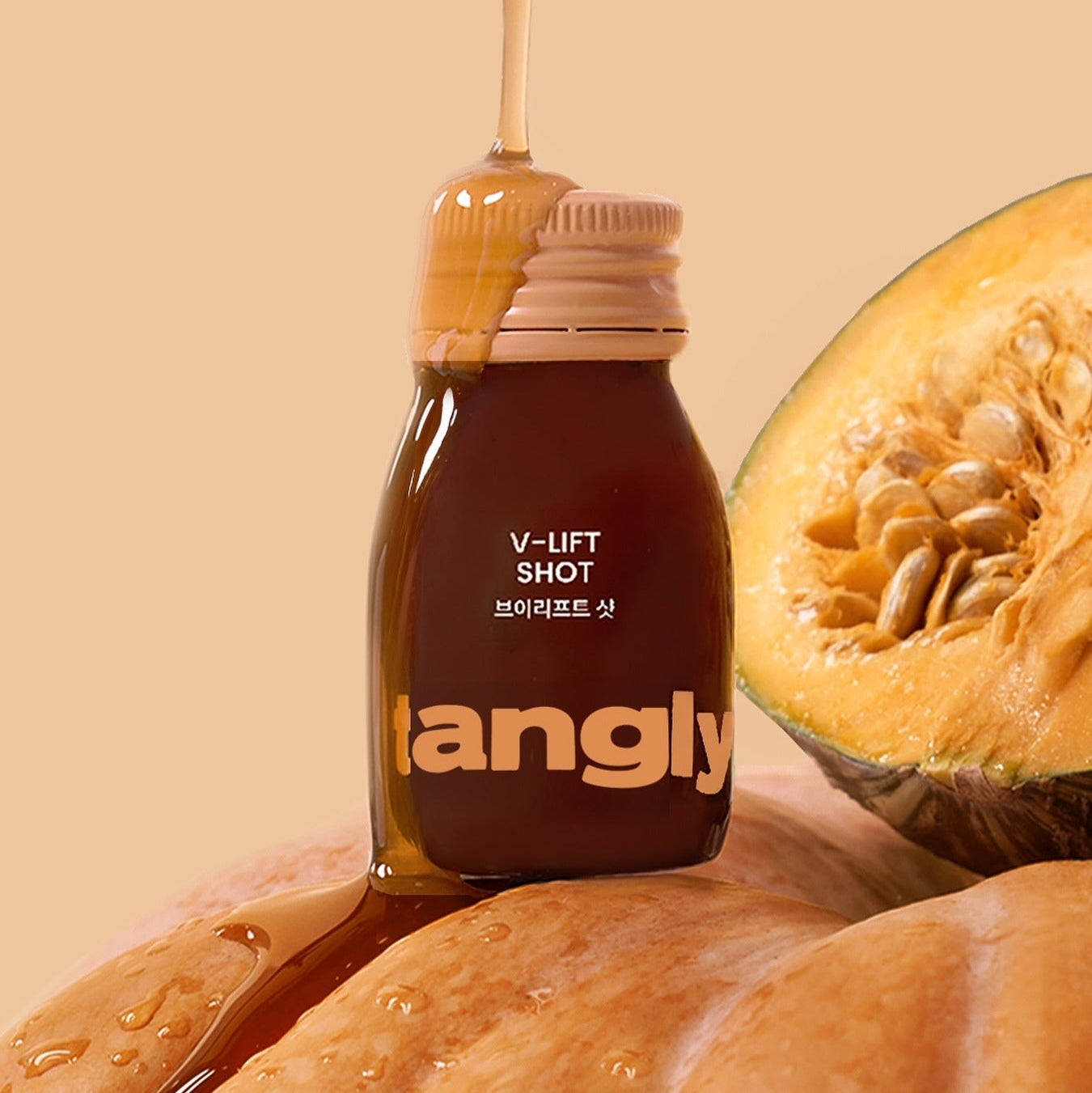 NOTHING BETTER Tangly V-Life Shot 7 Bottles displayed with pumpkin, highlighting the product's natural ingredients.