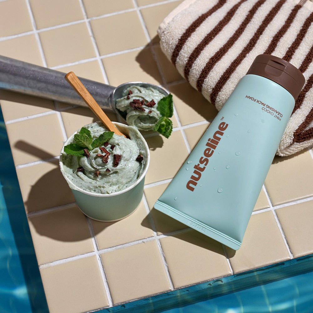 NUTSELINE Mint Chocolate Cleansing Pack Foam 130g beside mint ice cream, conveying freshness and luxury.