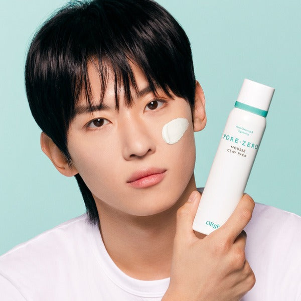 OBGE Pore Zero Mousse Clay Pack on model’s cheek and bottle held by gentleman, Gentleman Korea promoting men’s Korean skincare