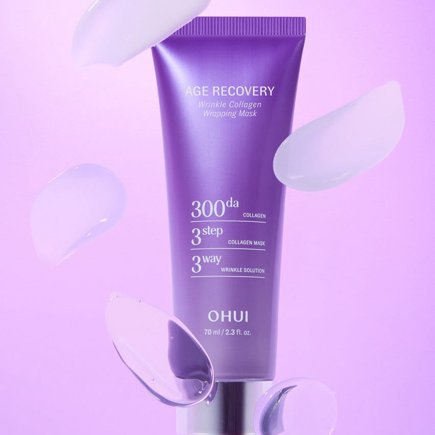 OHUI Age Recovery Collagen Wrapping Mask 70ml with purple design and floating petals on a purple background