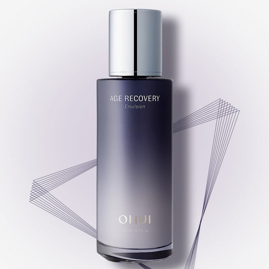 OHUI Age Recovery Emulsion 140 ml bottle with silver cap on gradient background