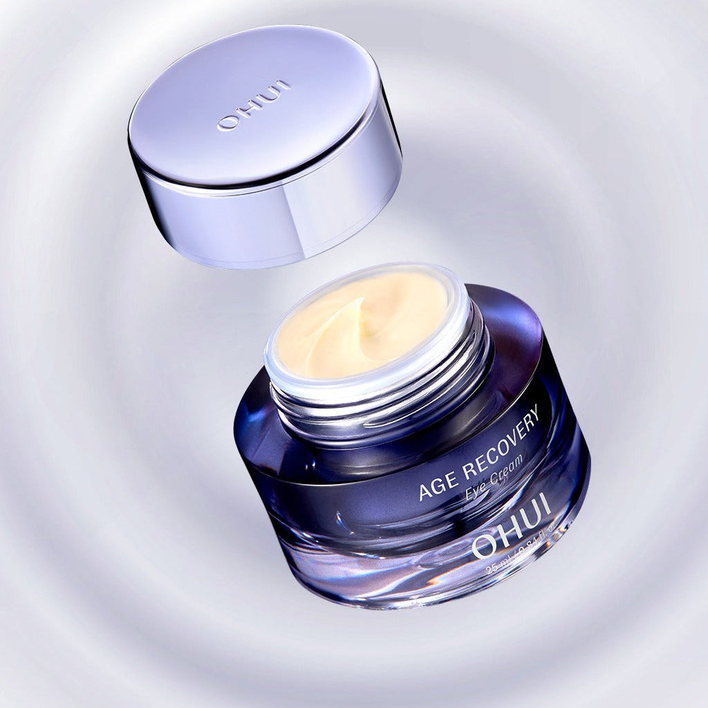 OHUI Age Recovery Eye Cream 25 mL in open jar with lid