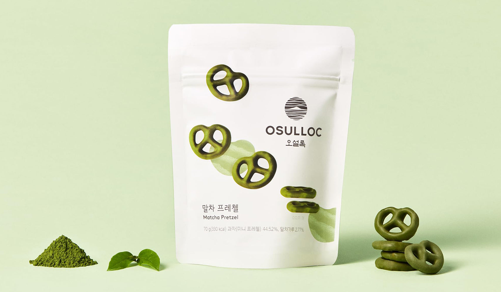 OSULLOC Matcha Pretzel packaging with green pretzels and matcha powder on a light green background