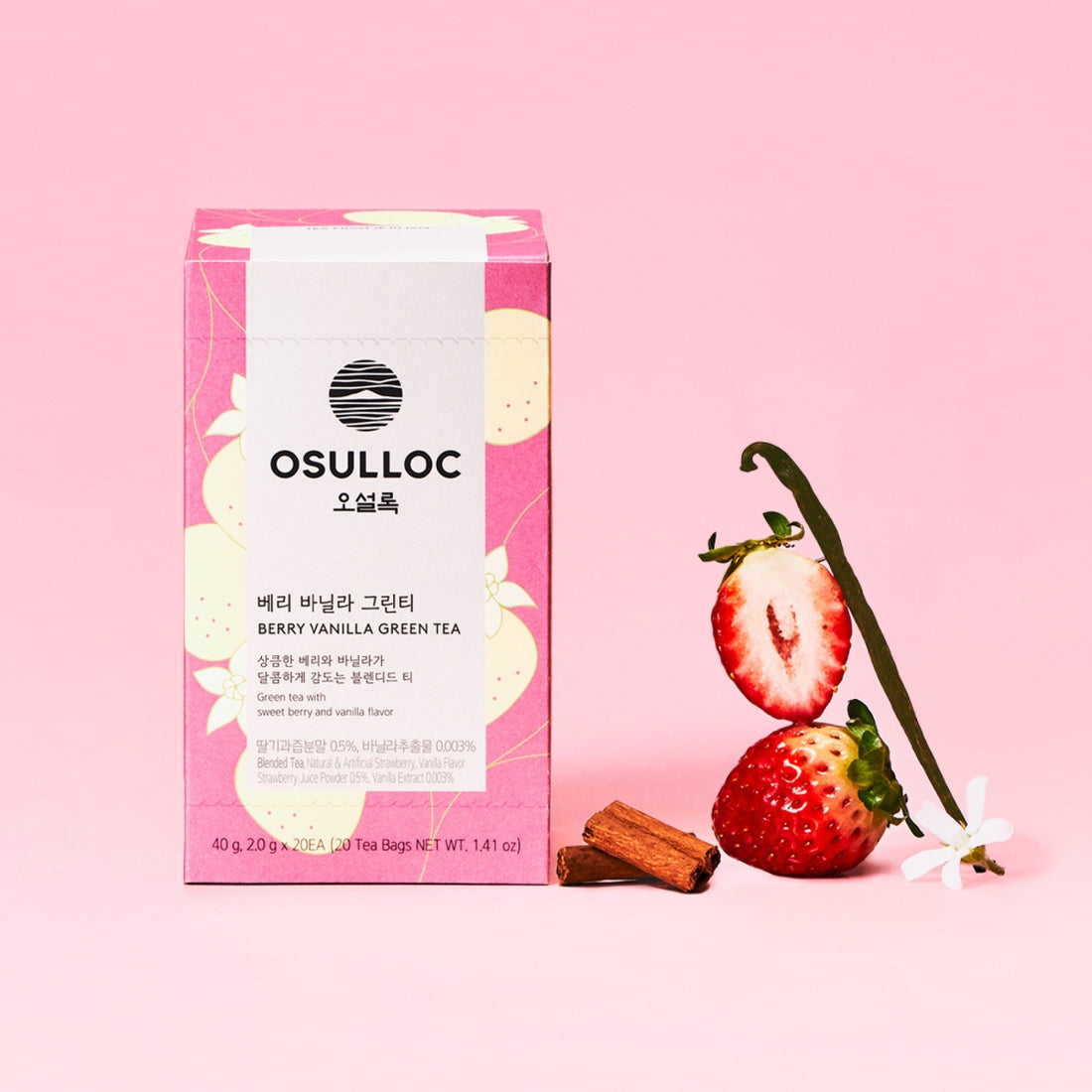 OSULLOC Berry Vanilla Green Tea 20 P packaging with strawberries and vanilla on pink background