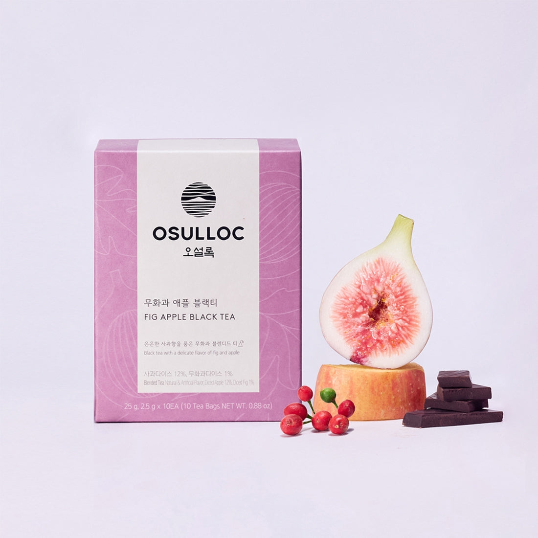 OSULLOC Fig Apple Black Tea 10 P box with figs, apple, and dark chocolate arrangement