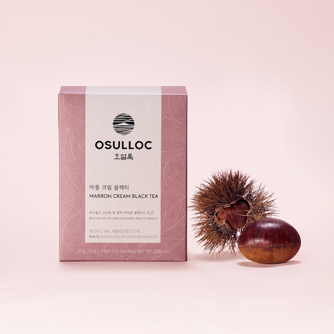OSULLOC Marron Cream Black Tea 10 p box with chestnut on pink background