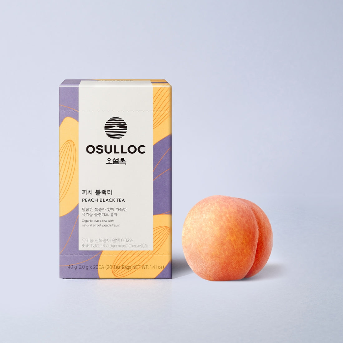 OSULLOC Peach Black Tea 20 packs box with a fresh peach beside it