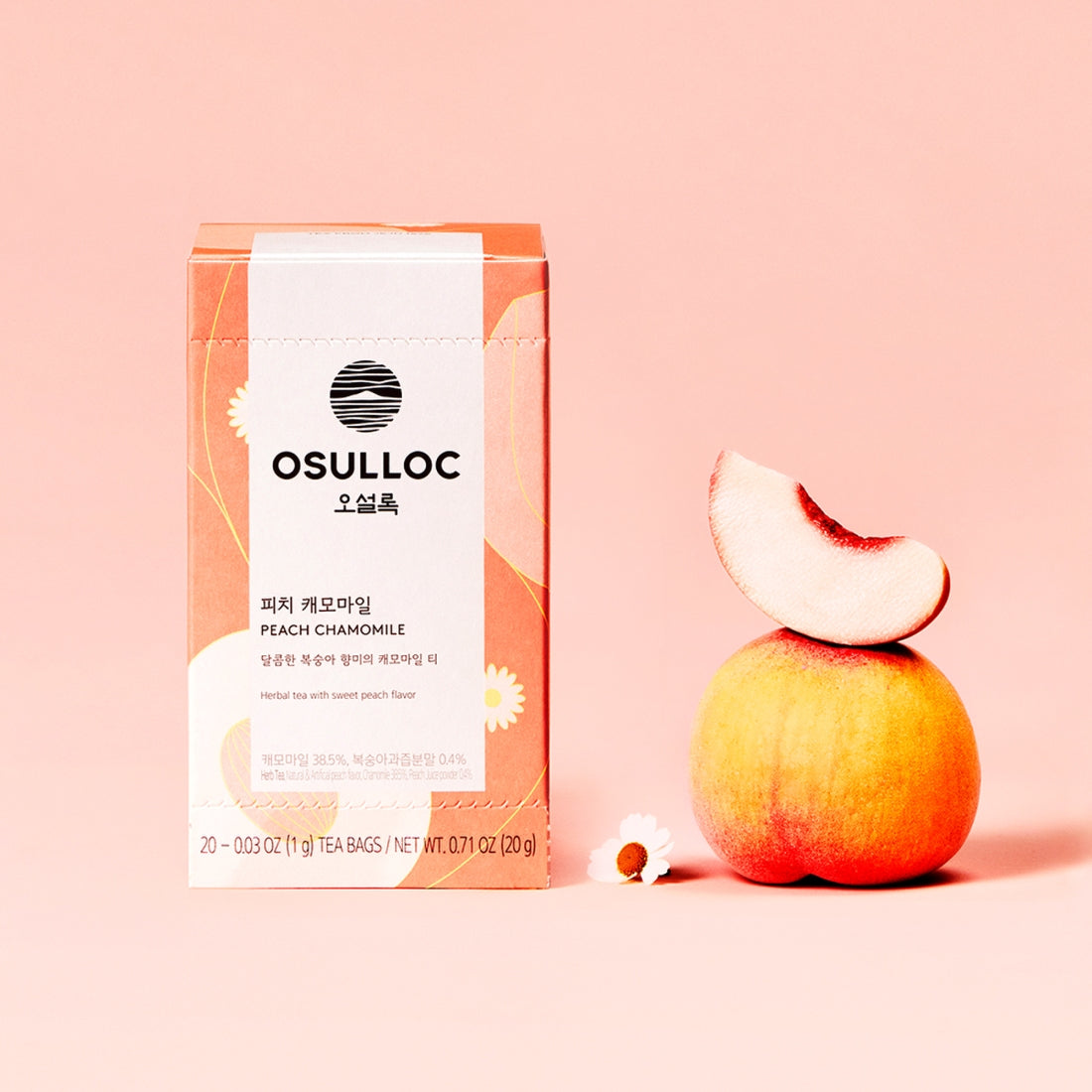 OSULLOC Peach Chamomile 20 P box with peach and chamomile flowers on pink background