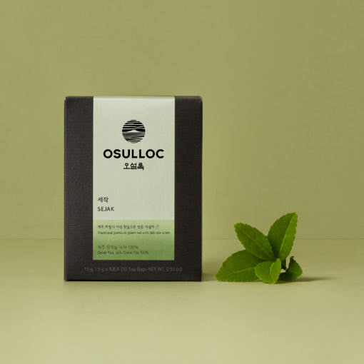 OSULLOC Sejac Tea 10p box with green tea leaves on a light green background.