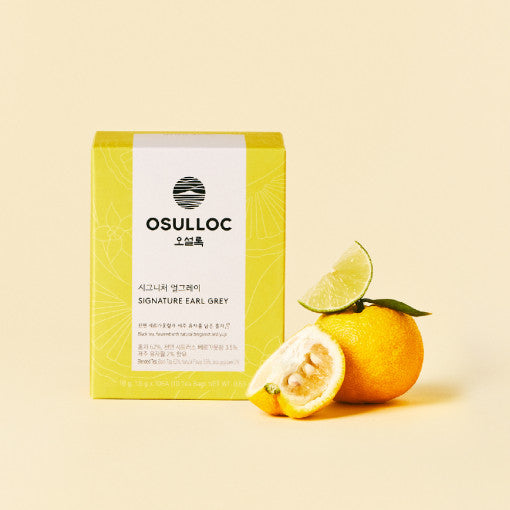 OSULLOC Signature Earl Grey 10p tea box with citrus fruits, bright packaging showcasing premium quality tea.
