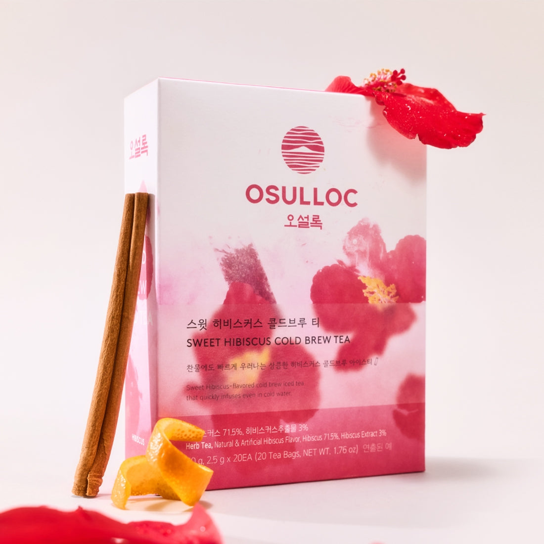 OSULLOC Sweet Hibiscus Cold Brew Tea 20 P box with hibiscus flowers and cinnamon stick.