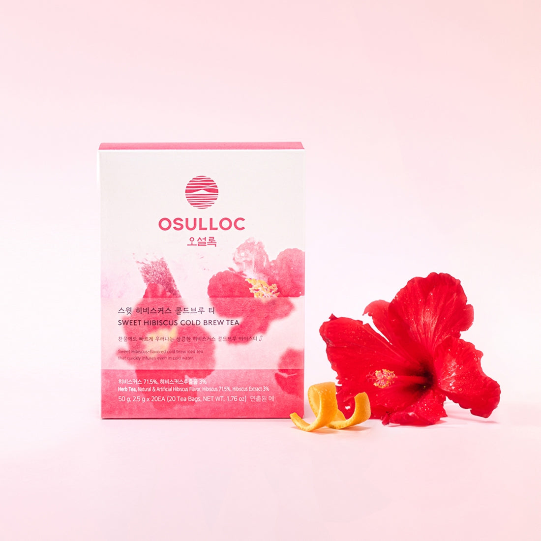 Box of OSULLOC Sweet Hibiscus Cold Brew Tea 20 P with red hibiscus flower on a pink background
