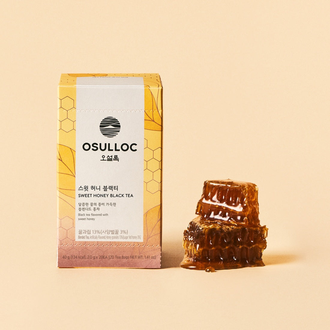 OSULLOC Sweet Honey Black Tea 20 P packaging with honeycomb on a beige background