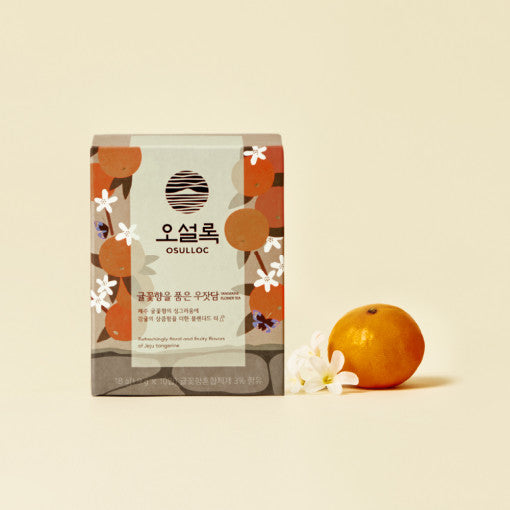 Box of OSULLOC Tangerine Flower Tea 10p with a tangerine and flowers on a beige background.