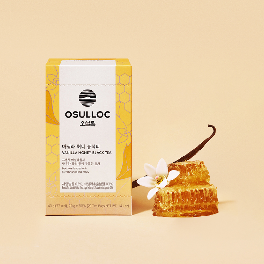 OSULLOC Vanilla Honey Black Tea 20 P box with honeycomb and vanilla flower on beige background.