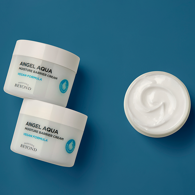 PASSION & BEYOND Angel Aqua Moisture Barrier Cream 150ml with open lid showing cream texture on blue background.