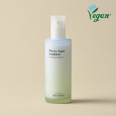 Bottle of PASSION & BEYOND Phyto Aqua Emulsion 130ml with vegan logo, against a neutral background.