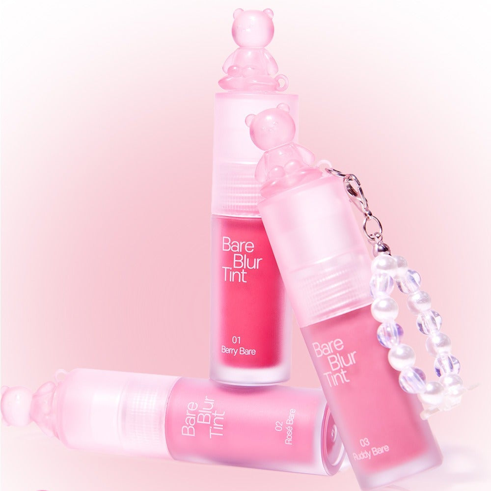 PASSION CAT Bere Blur Tint: Trio of pink lip tints, stylish design with cat-shaped caps and keychain accessory.