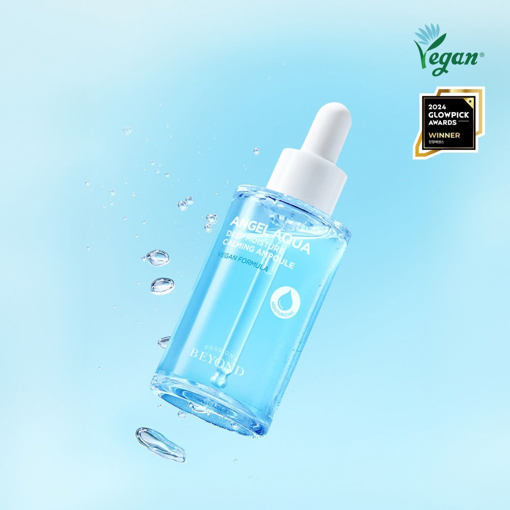 PASSION&BEYOND Angel Aqua Moisture Filled Soothing Ampoule 50ml with vegan certification and award badge on a blue background.