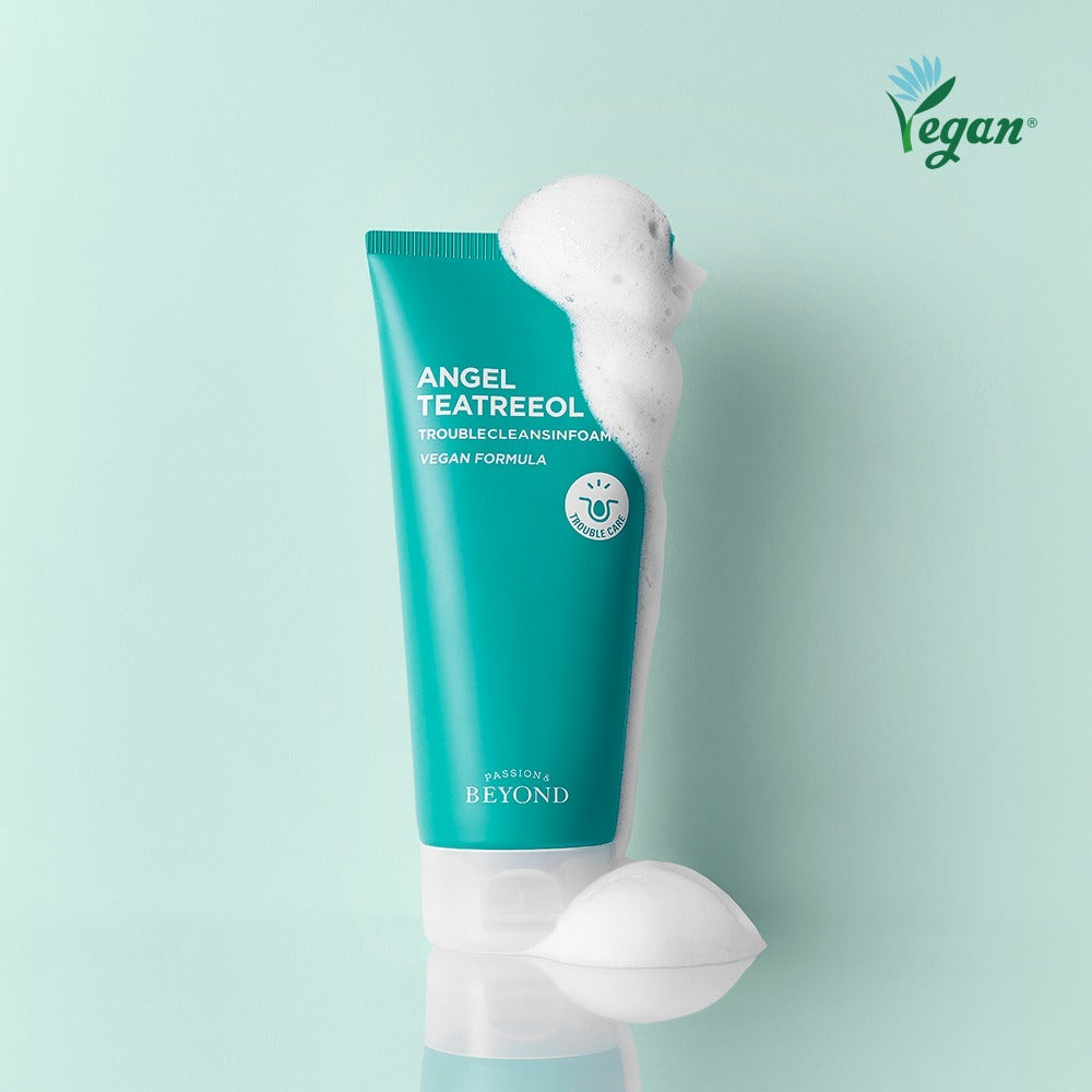 PASSION&BEYOND Angel Tea Tree Trouble Cleansing Foam 200ml in vegan formula with foaming texture displayed on teal background