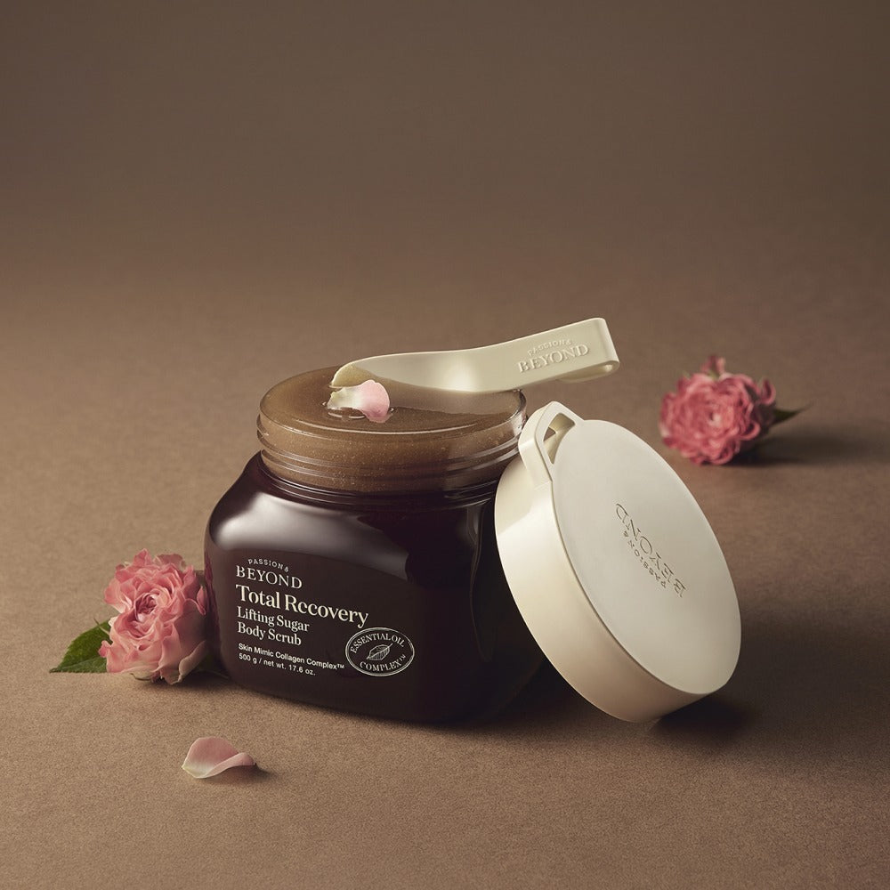 PASSION&BEYOND Total Recovery Lifting Body Scrub 500g with floral accents, open jar showing scrub texture, elegant packaging design