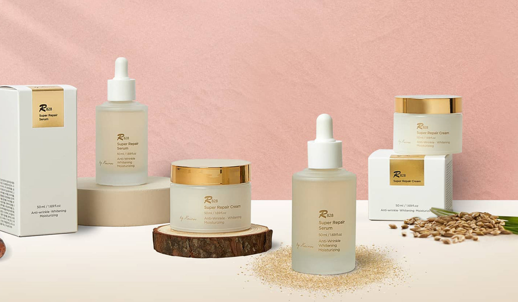 Luxury skincare products including serums and creams displayed on a pink background with natural elements.