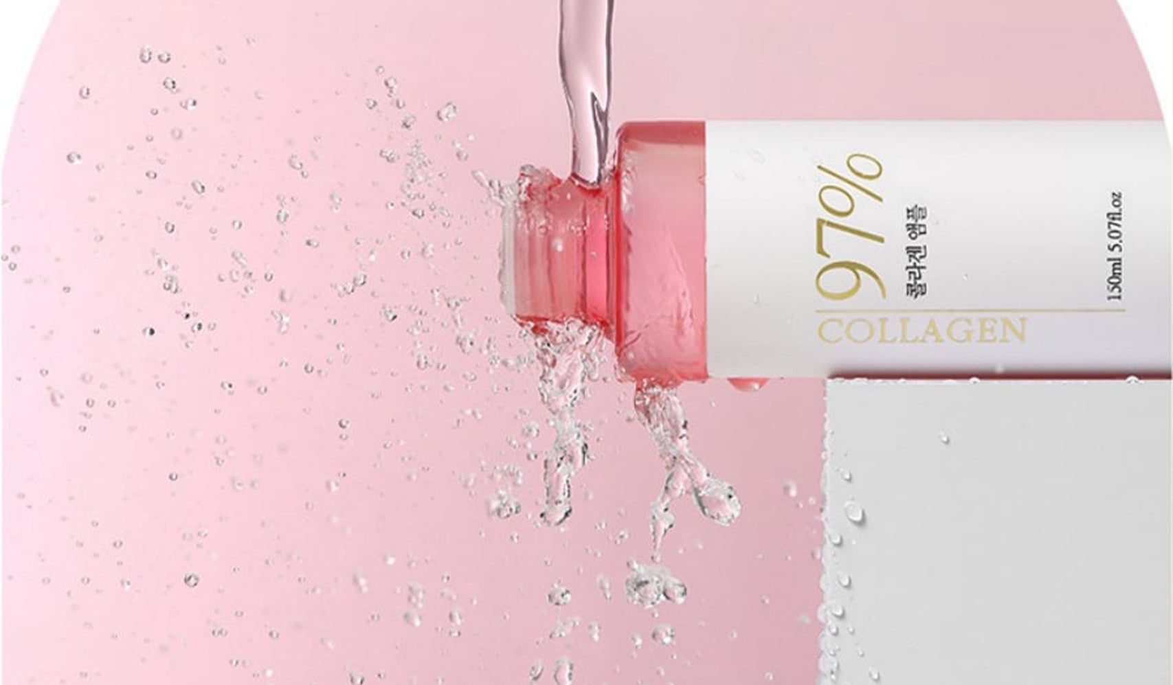 Collagen serum bottle with 97% label and water splashing on a pink background