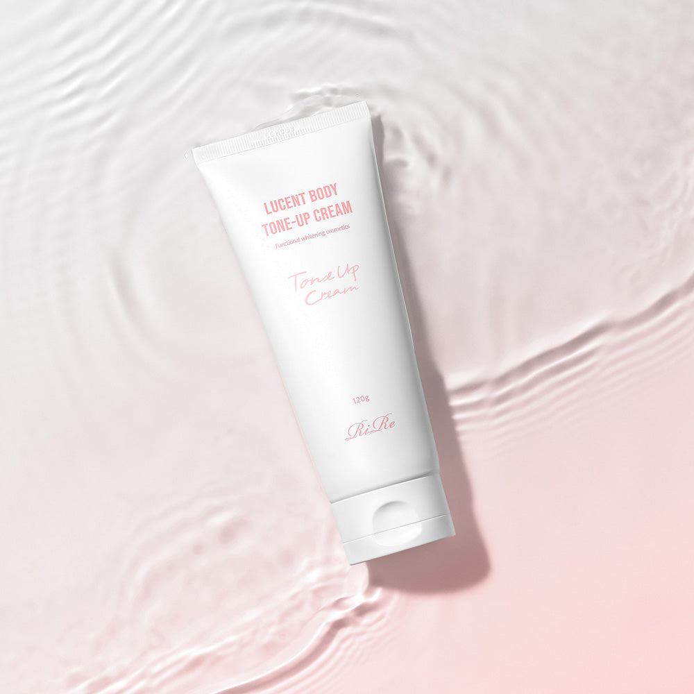 RIRE Lucent White Tone-Up Cream showcased on a soft pink water ripple background.