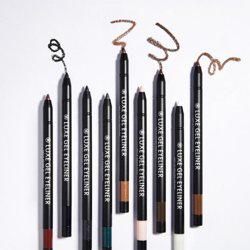 Assorted shades of RIRE Luxe Gel Eyeliner arranged with drawn swatches on a white background.