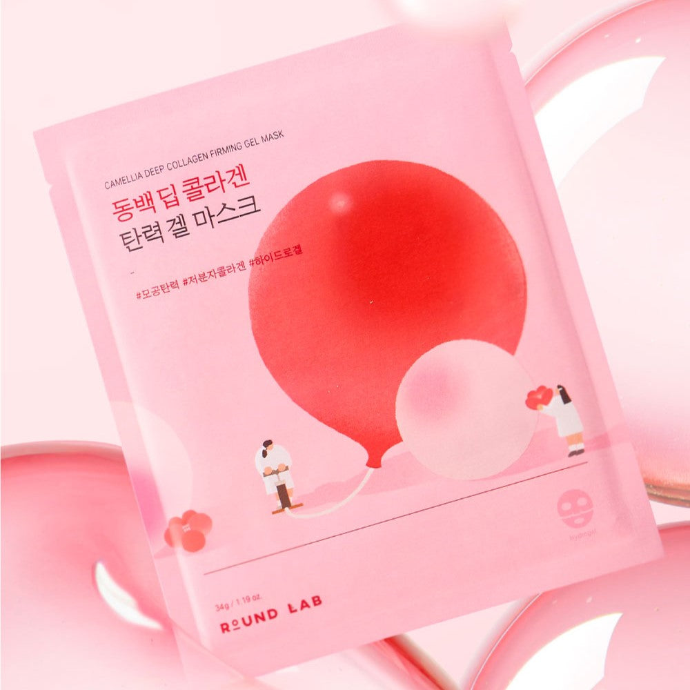 ROUND LAB Camellia Deep Collagen Firming Gel Mask packaging with pink and red design.