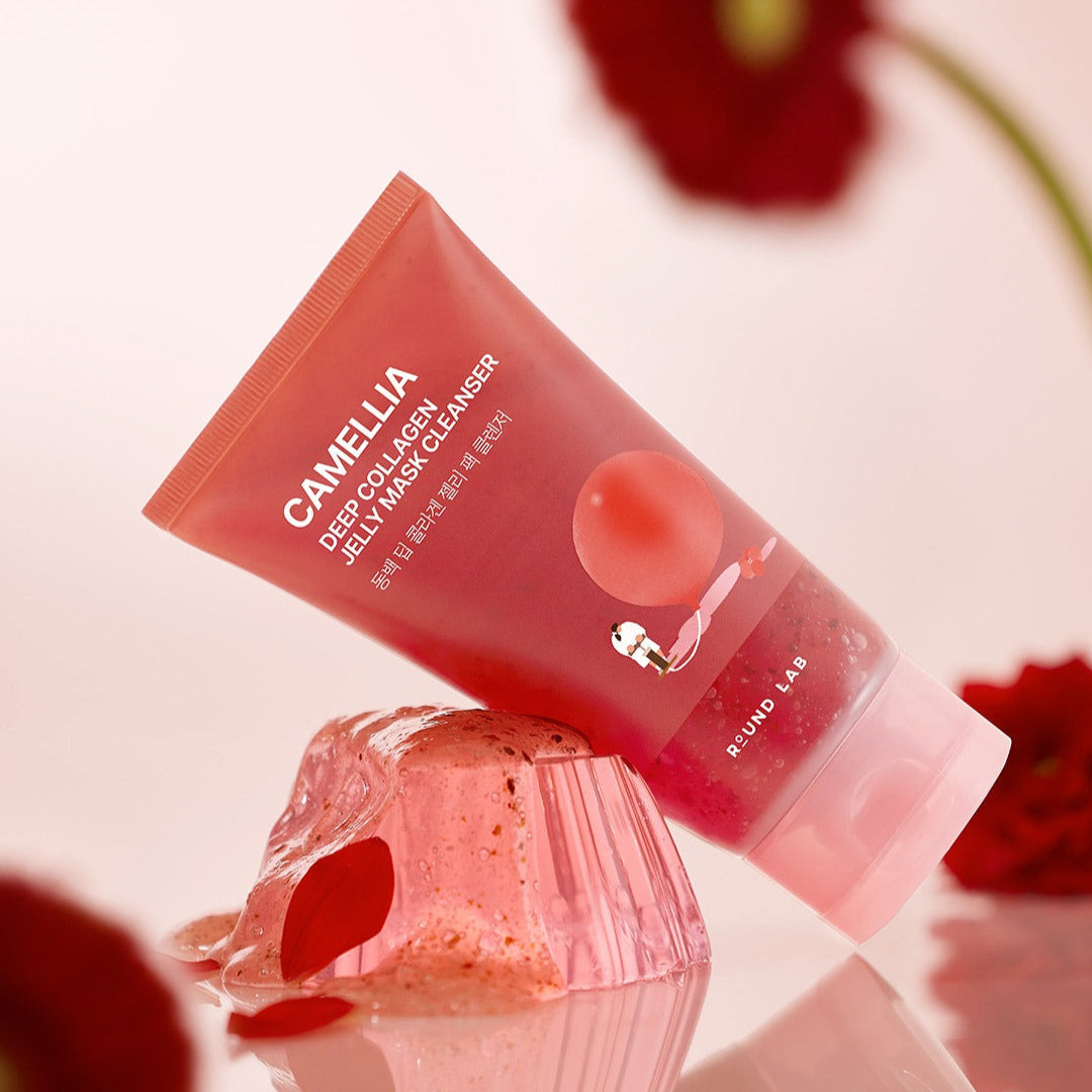 ROUND LAB Camellia Deep Collagen Jelly Pack Cleanser 150ml with red camellia flowers.