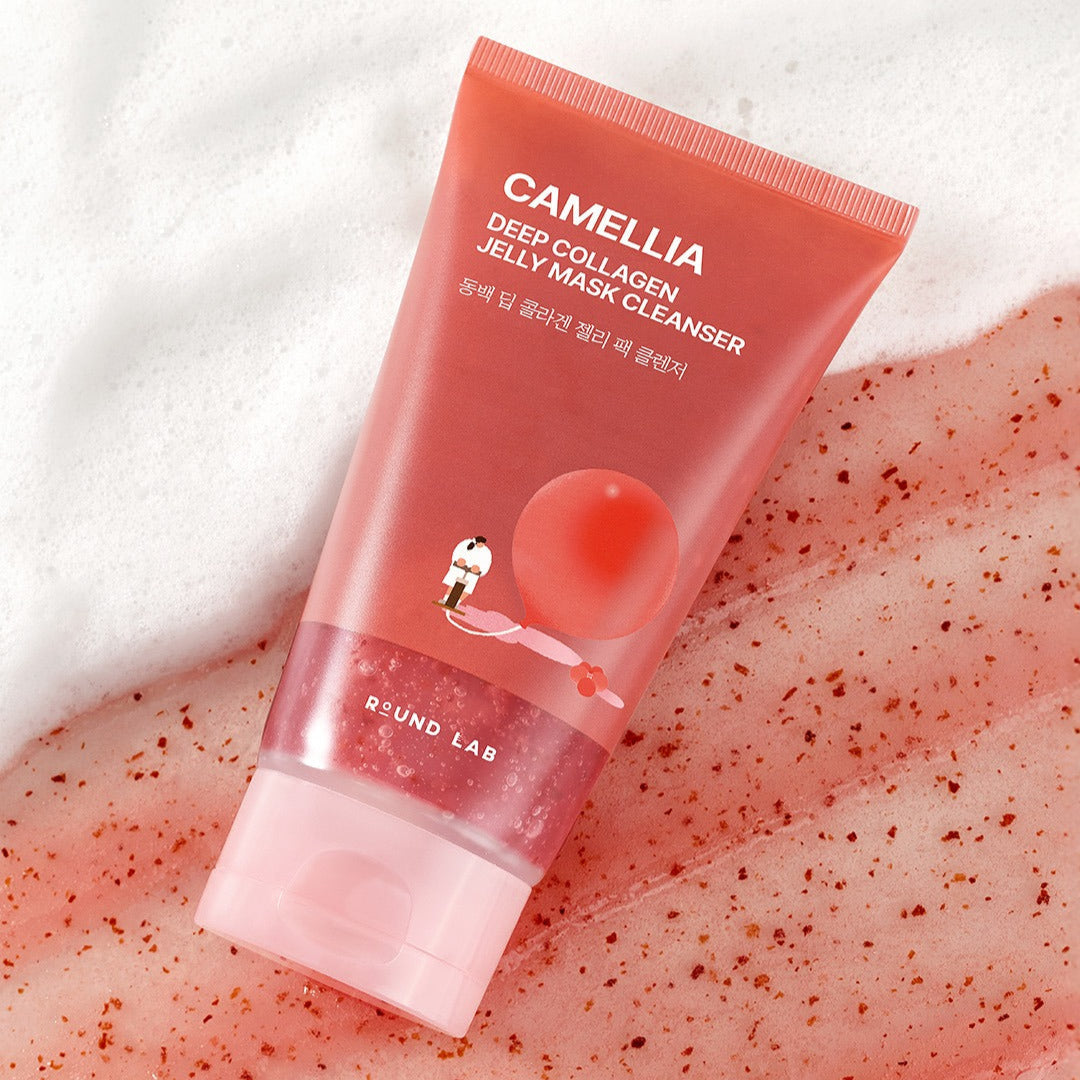 ROUND LAB Camellia Deep Collagen Jelly Pack Cleanser 150ml on textured background