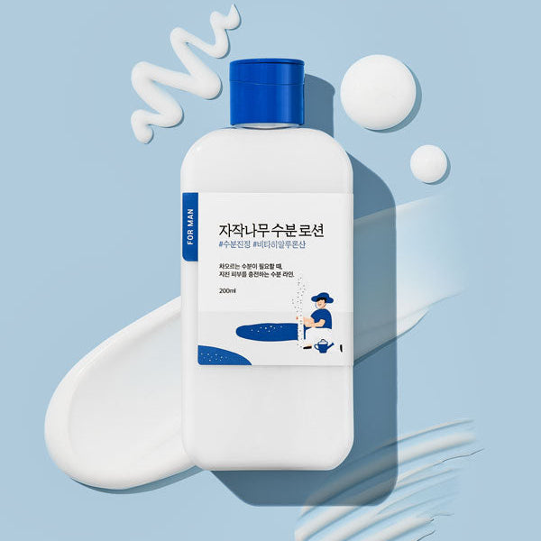 ROUND LAB For Men Birch Moisture Lotion 200ml - Gentlemen Korea product shot showing white bottle with blue cap and lotion texture