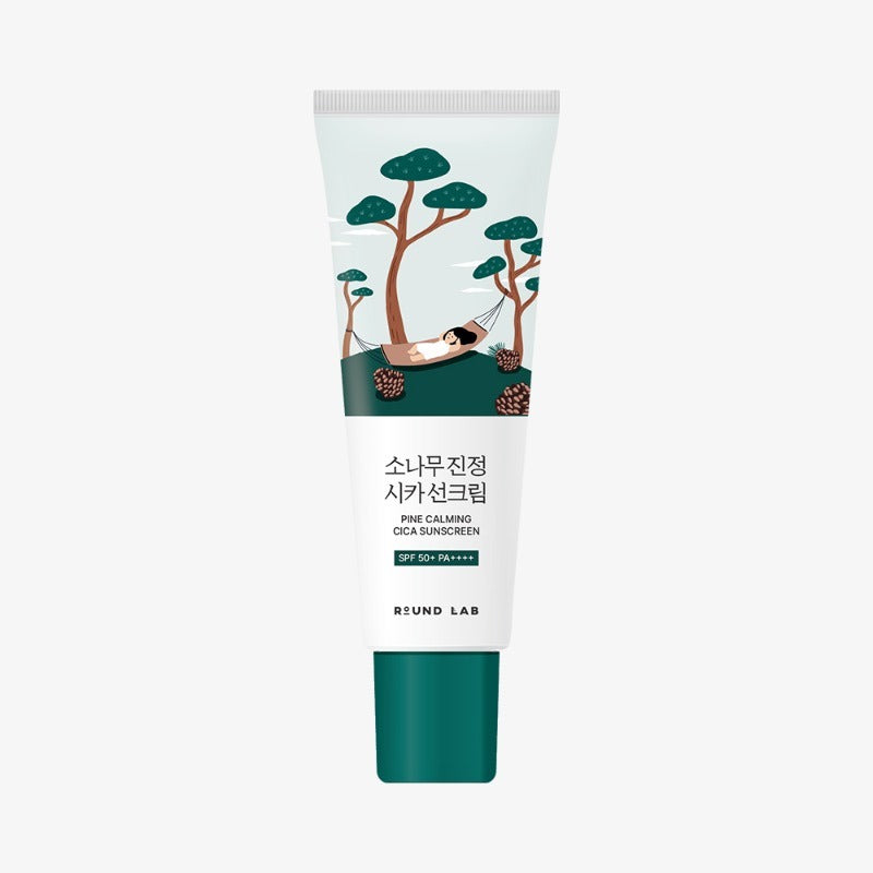 Image of ROUND LAB Pine Calming Cica Sunscreen 40ml tube with nature-themed design.