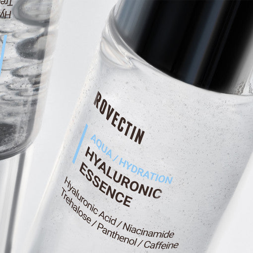 ROVECTIN Aqua Hyaluronic Essence bottle close-up with ingredient list visible on label.