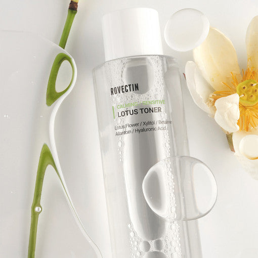 ROVECTIN Calming Lotus Toner 200ml bottle on a floral background