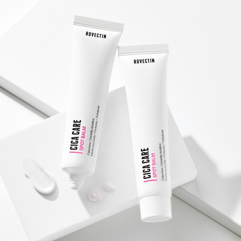Two tubes of ROVECTIN Cica Care Spot Balm 40ml on white background, skincare product for soothing and protecting skin.