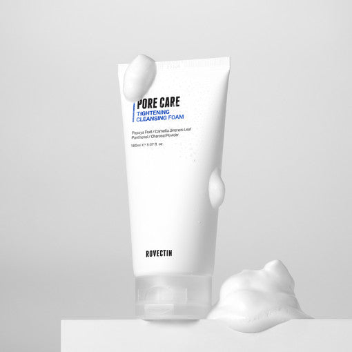 ROVECTIN Pore Care Tightening Cleansing Foam 150ml product image, white tube with foam, ideal for skincare routine.